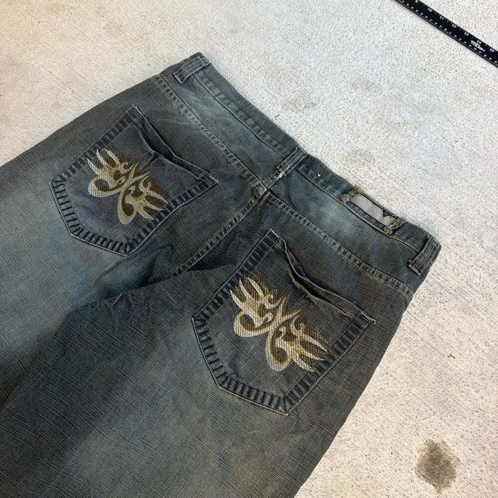 Indigo 30 Vintage Y2K Distressed Embroidered Baggy Denim Shorts Size 38